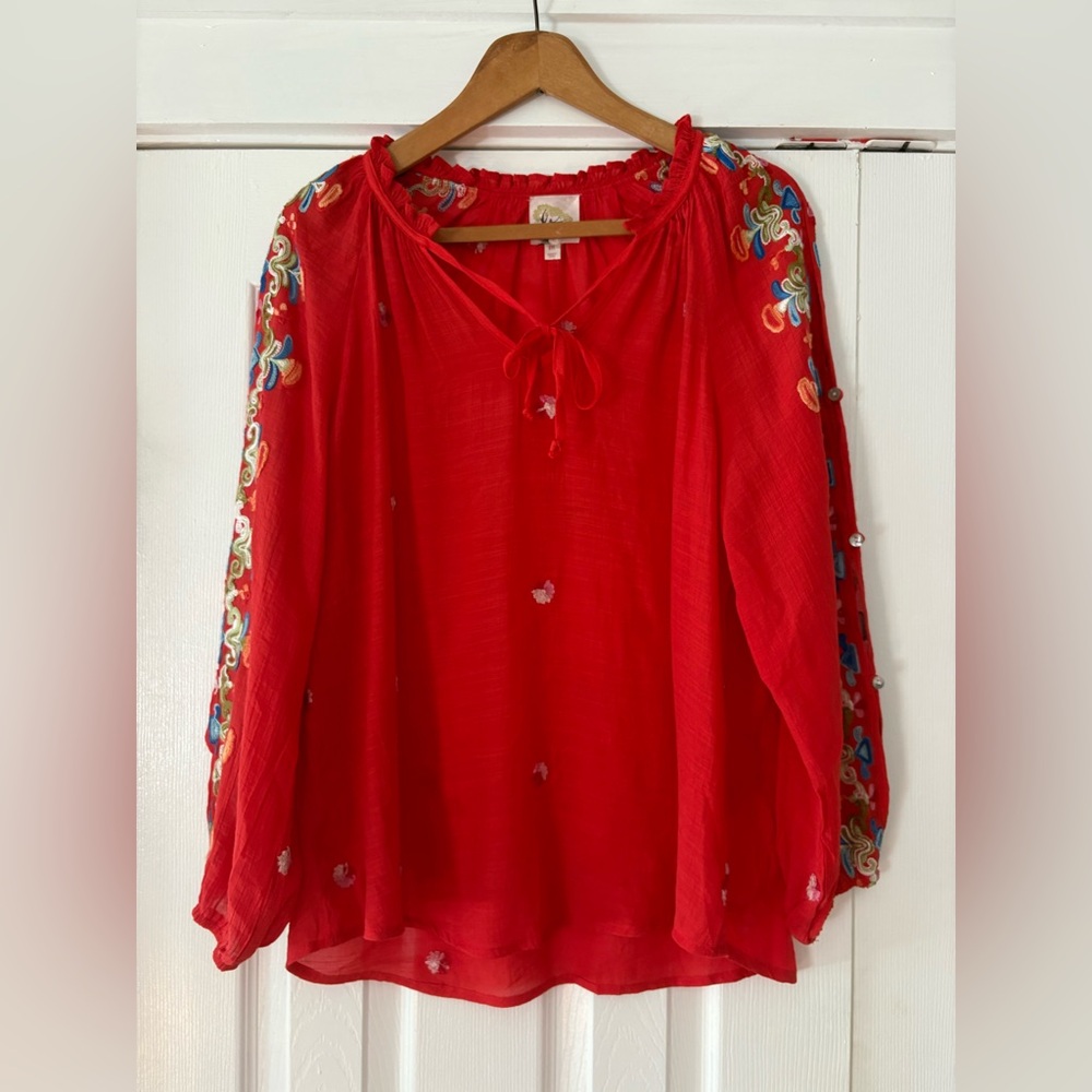 Anthropologie Fig and Flower Red Blouse with Colorful Embroidery Size Medium EUC